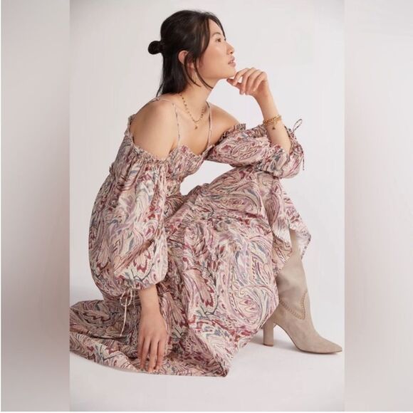 𝅺House of Harlow 1960 Teresa Purple Paisley Puff Sleeve Maxi Dress size medium - Picture 1 of 14